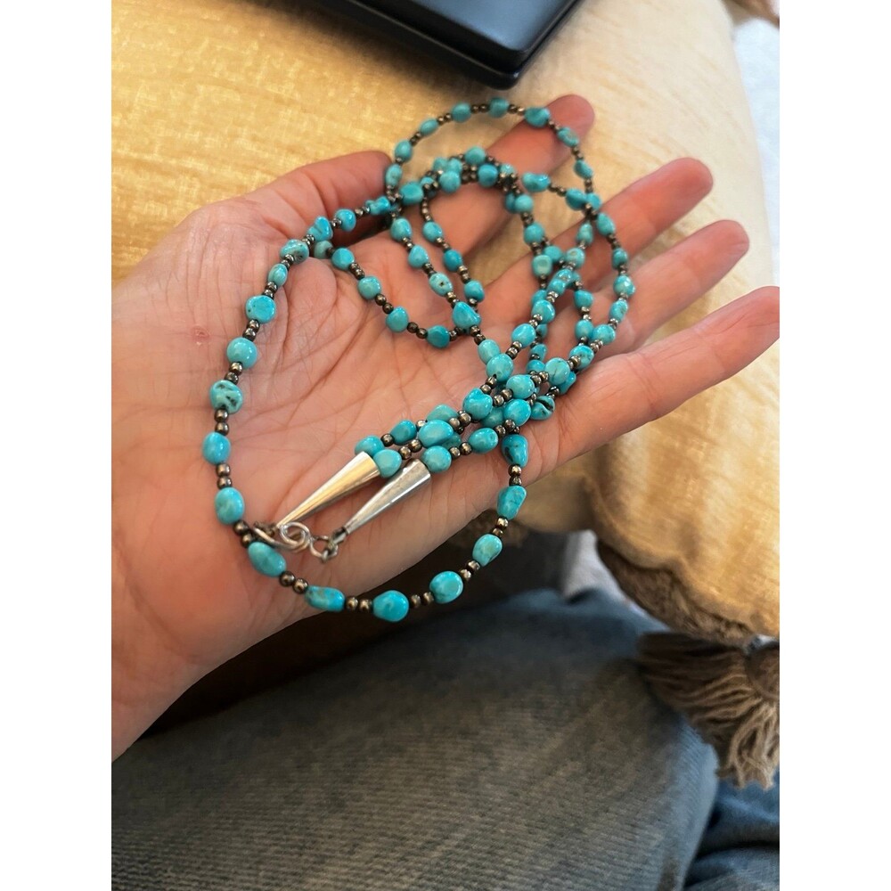 Vintage Genuine Turquoise Sterling Silver 2 strand bead necklace Native American - Picture 10 of 11